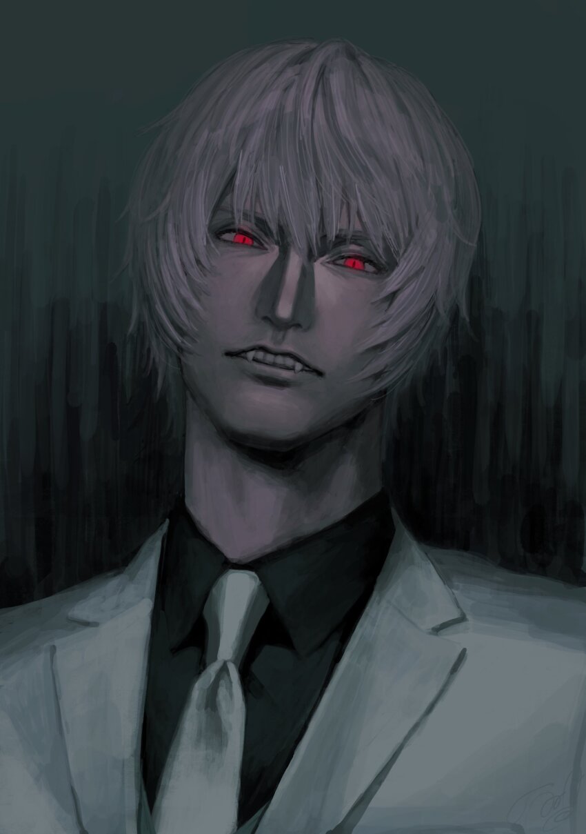 1boy, absurdres, ar1oy, bags_under_eyes, commentary_request, fangs, fate/strange_fake, fate_(series), highres, jacket, jester_karture, looking_at_viewer, male_focus, necktie, open_mouth, red_eyes, shirt, short_hair, solo, upper_body, vampire, white_hair