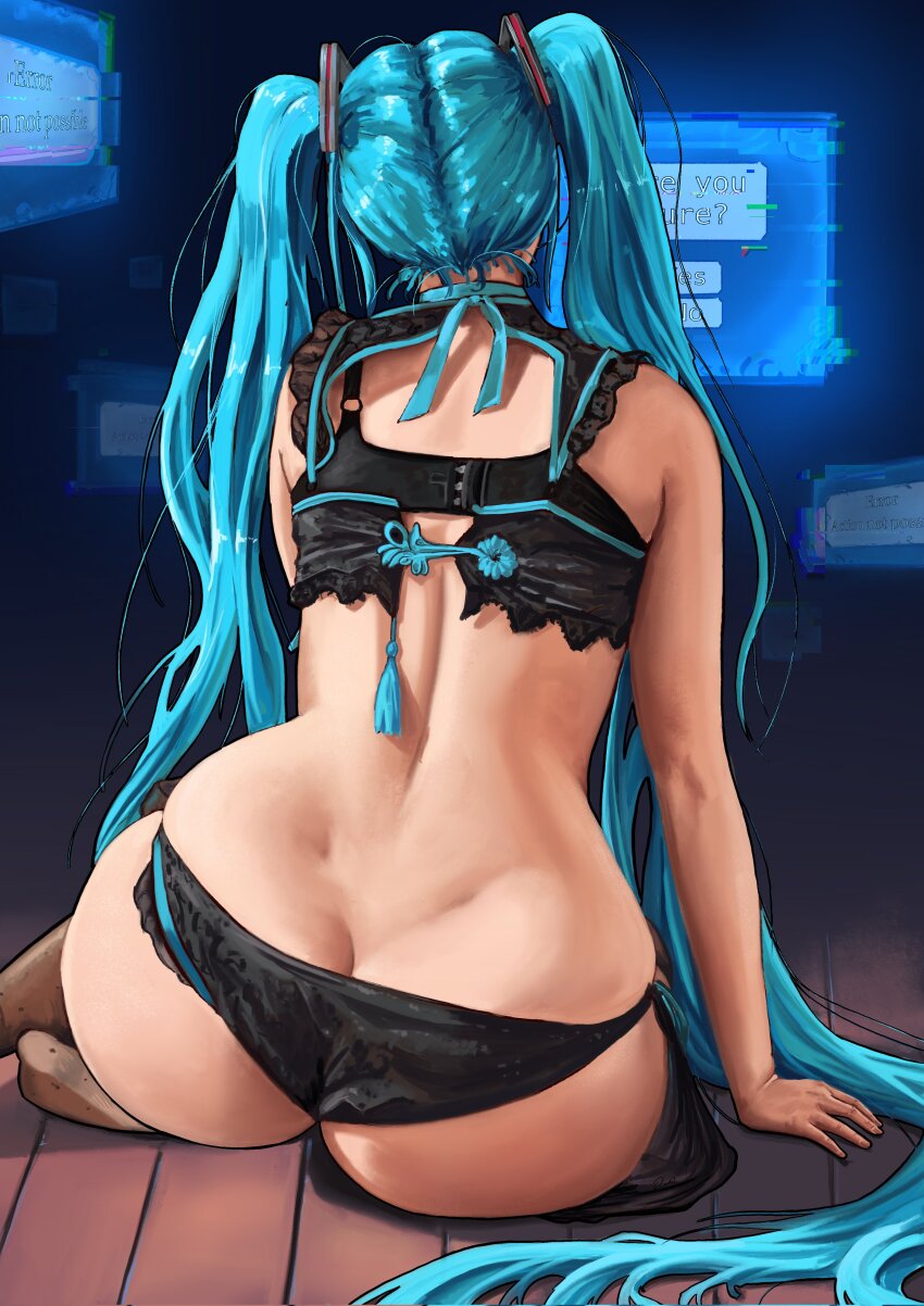 1girl, absurdres, aqua_hair, arm_support, ass, ass_focus, back, black_bra, black_panties, bra, butt_crack, commentary, derivative_work, dimples_of_venus, english_commentary, english_text, facing_away, from_behind, glitch, hair_ornament, hatsune_miku, highres, indoors, lingerie, long_hair, monitor, panties, photo-referenced, sitting, skindentation, solo, twintails, underwear, underwear_only, vedart2, very_long_hair, vocaloid, wooden_floor, yokozuwari