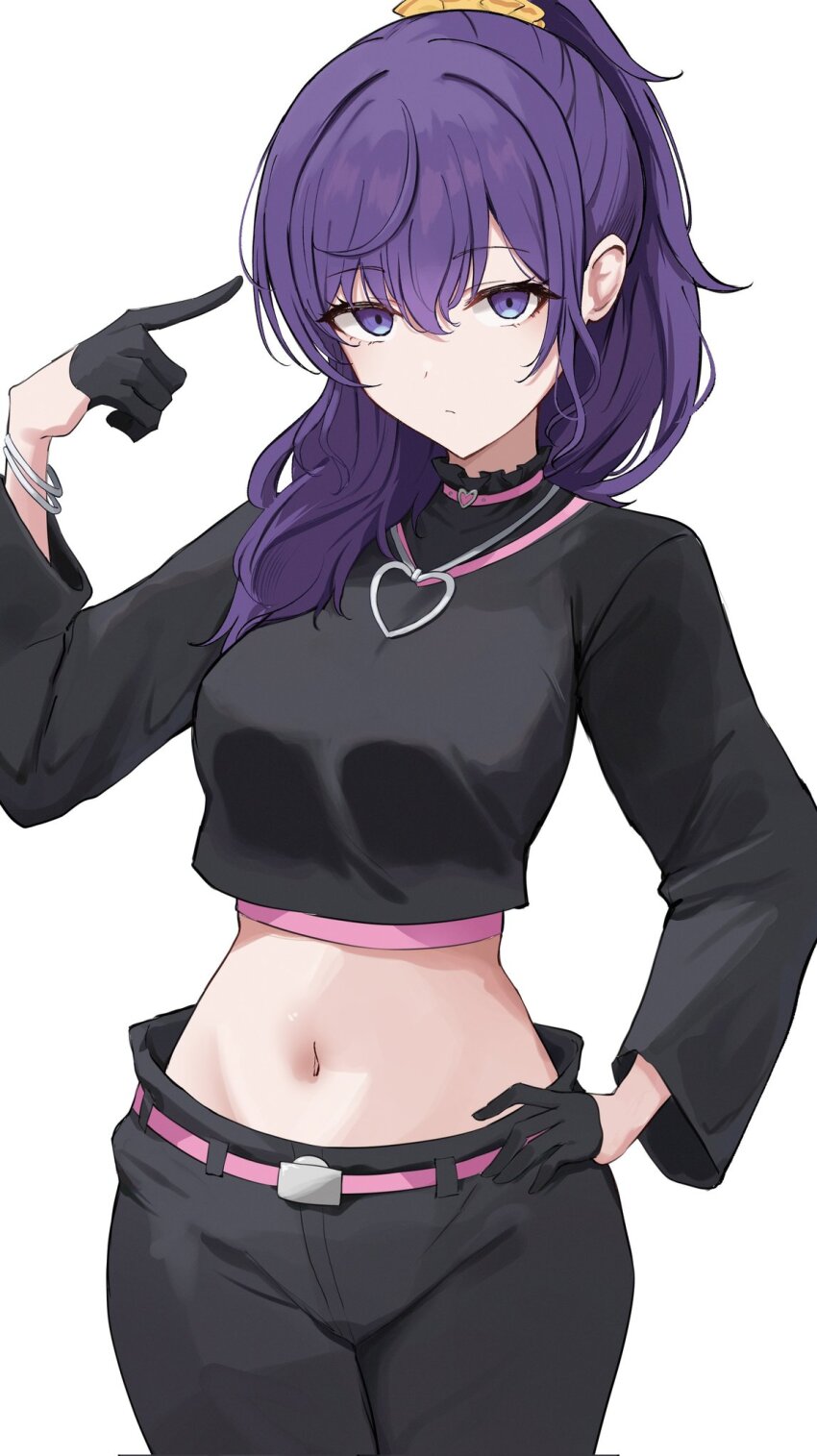 1girl, asahina_mafuyu, belt, black_gloves, black_pants, black_shirt, bracelet, breasts