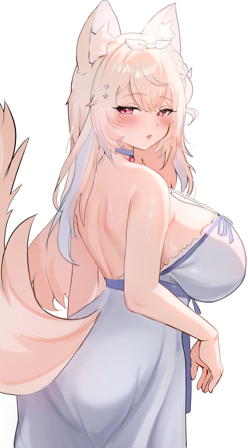 1girl, absurdres, animal_ear_fluff, animal_ears, bare_arms, bare_back, blonde_hair, blue_dress