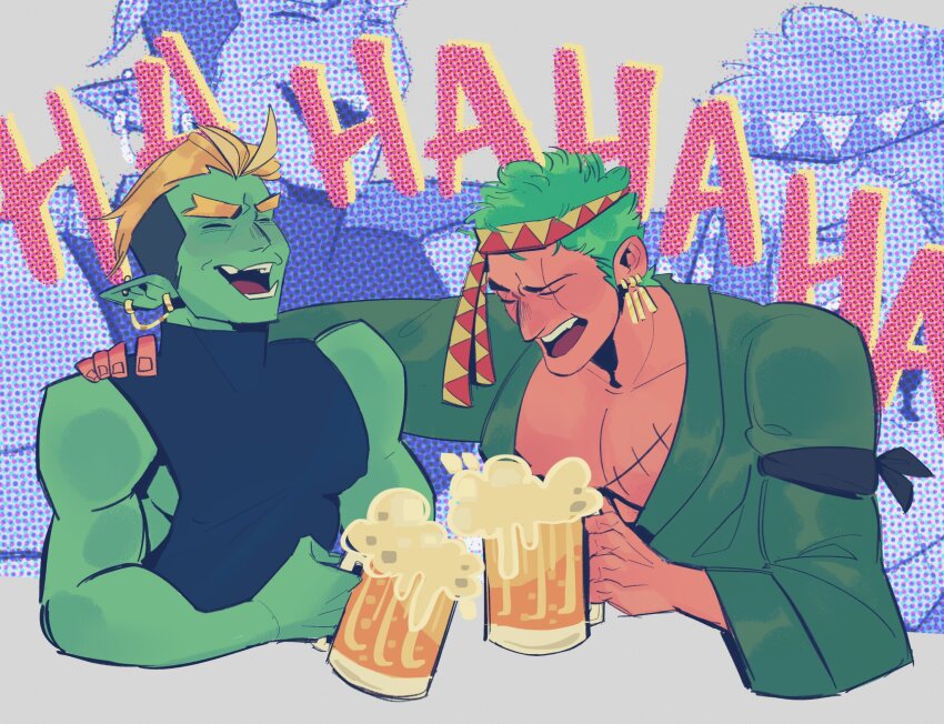 2boys, alcohol, aquiline_nose, beer, beer_mug, black_hair, blonde_hair, blush