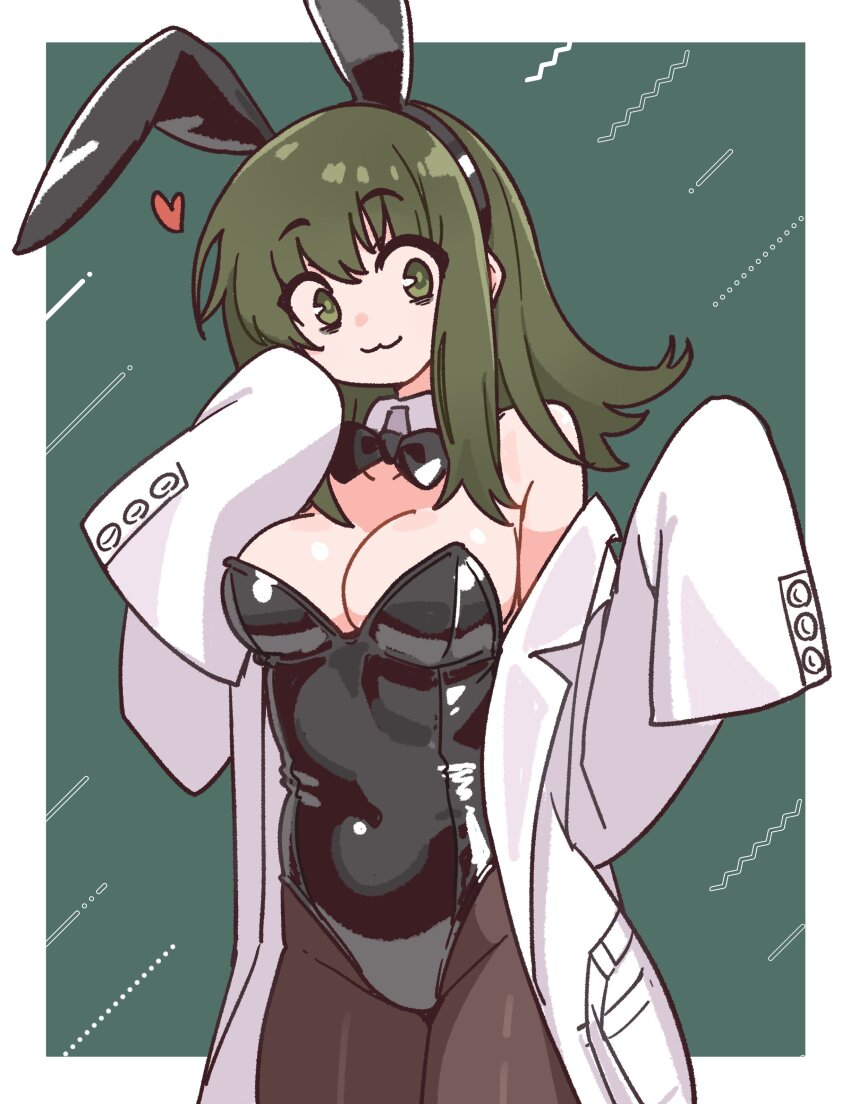 1girl, :3, absurdres, animal_ear_hairband, animal_ears, black_bow, black_bowtie, black_leotard, bow, bowtie, breasts, brown_pantyhose, chiloveig_(girls'_frontline_2), cleavage, commentary_request, detached_collar, fake_animal_ears, girls'_frontline, girls'_frontline_2:_exilium, green_background, green_eyes, green_hair, hairband, heart, highres, lab_coat, leotard, long_hair, long_sleeves, looking_at_viewer, nikukabe, off_shoulder, pantyhose, rabbit_ear_hairband, rabbit_ears, shiny_leotard, simple_background, solo, strapless, strapless_leotard, two-tone_background, white_background