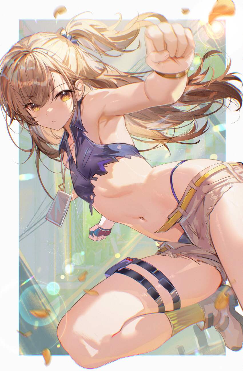 1girl, absurdres, belt, blonde_hair, brown_hair, clenched_hands, closed_mouth, commentary_request