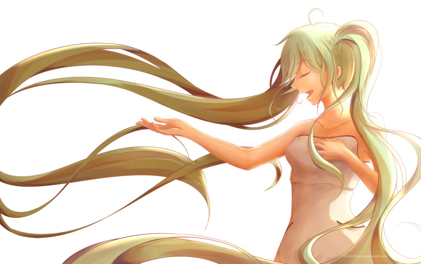 1girl, absurdres, ahoge, bare_arms, breasts, closed_eyes, commentary_request, dress, from_side, green_hair, hand_on_own_chest, hands_up, hatsune_miku, highres, hina_(hinna-chan), long_hair, medium_breasts, music, open_mouth, profile, simple_background, singing, smile, solo, strapless, strapless_dress, twintails, upper_body, very_long_hair, vocaloid, white_background, white_dress