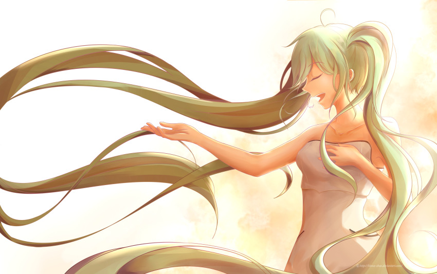 1girl, absurdres, ahoge, bare_arms, breasts, closed_eyes, commentary_request, dress, from_side, green_hair, hand_on_own_chest, hands_up, hatsune_miku, highres, hina_(hinna-chan), long_hair, medium_breasts, music, open_mouth, profile, singing, smile, solo, strapless, strapless_dress, twintails, upper_body, very_long_hair, vocaloid, white_dress