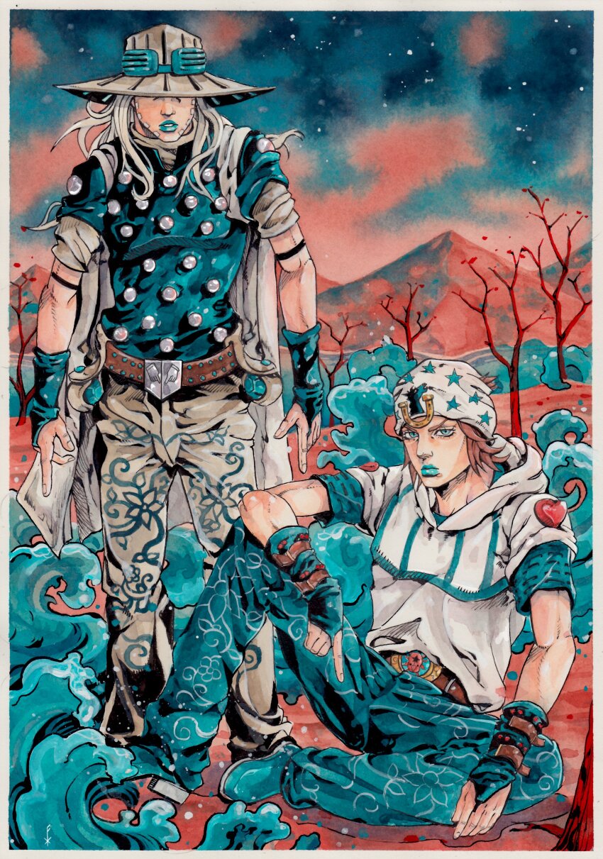 2boys, absurdres, aqua_bridal_gauntlets, aqua_eyes, aqua_lips, aqua_shirt, aqua_sleeves, bare_tree