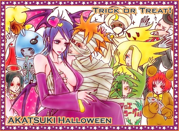 1girl, 6+boys, akatsuki_(naruto), breasts, costume, deidara_(naruto), dress, face_piercing
