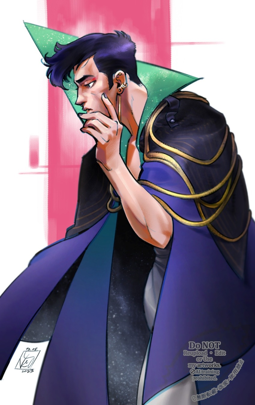 1boy, black_hair, cheekbones, cloak, drawfee, drawtectives, earrings, eugene_finch