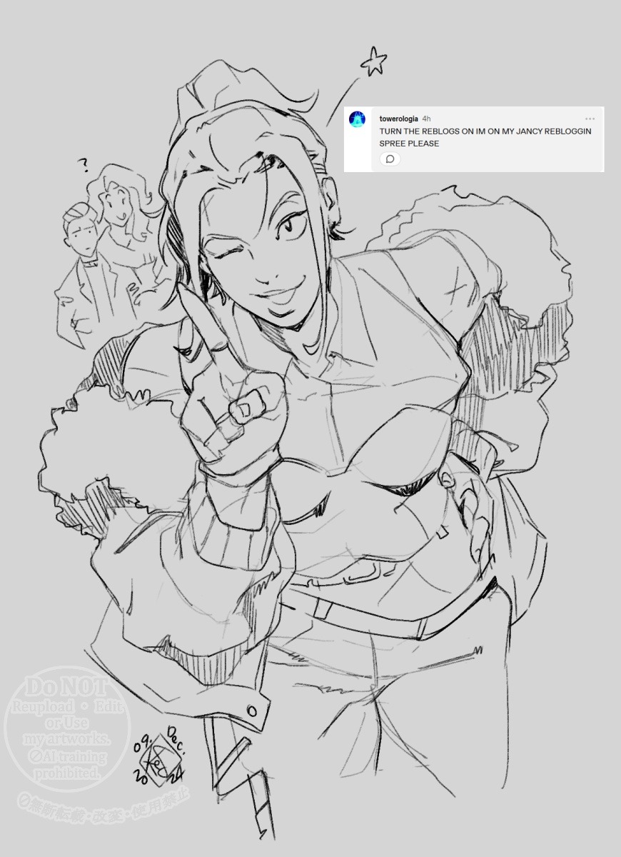 3girls, ?, breasts, drawfee, drawtectives, gloves, highres, jancy_true, joebeans, lips, multiple_girls, official_alternate_costume, official_alternate_hairstyle, one_eye_closed, open_mouth, orc, ponytail, request_inset, rose_(drawtectives), sketch, solo_focus, tmblyeet, tumblr, underbite