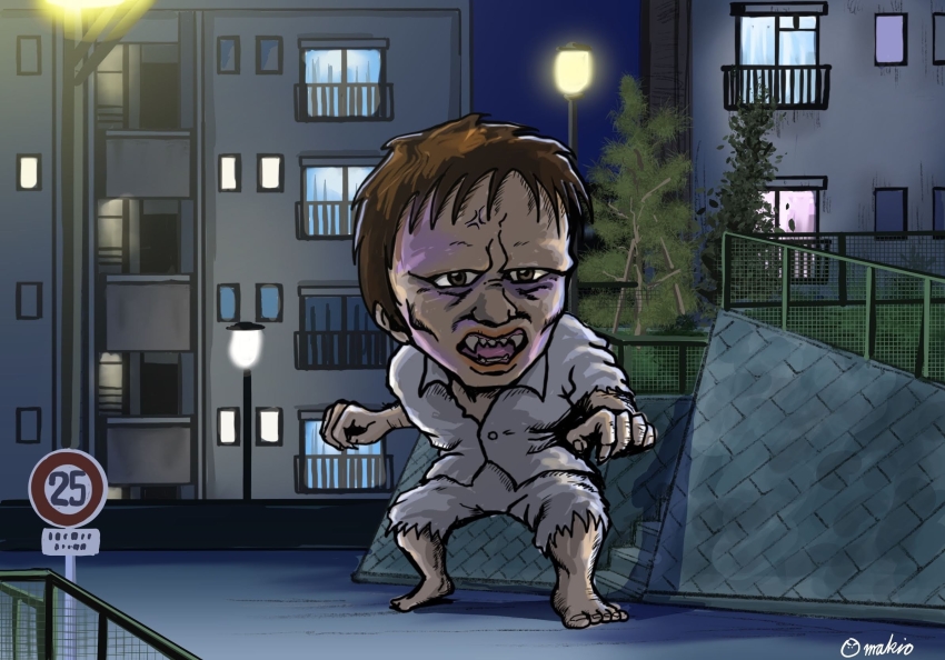 1boy, artist_name, balcony, benedict_pictures_corporation, brown_eyes, brown_hair, chibi, crossover