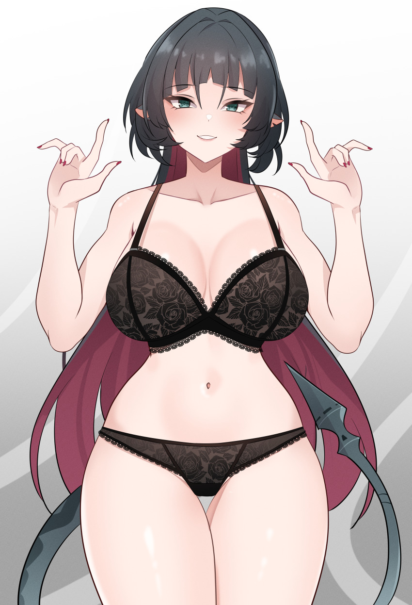 1girl, absurdres, belly, black_bra, black_hair, blush, bra, gloves