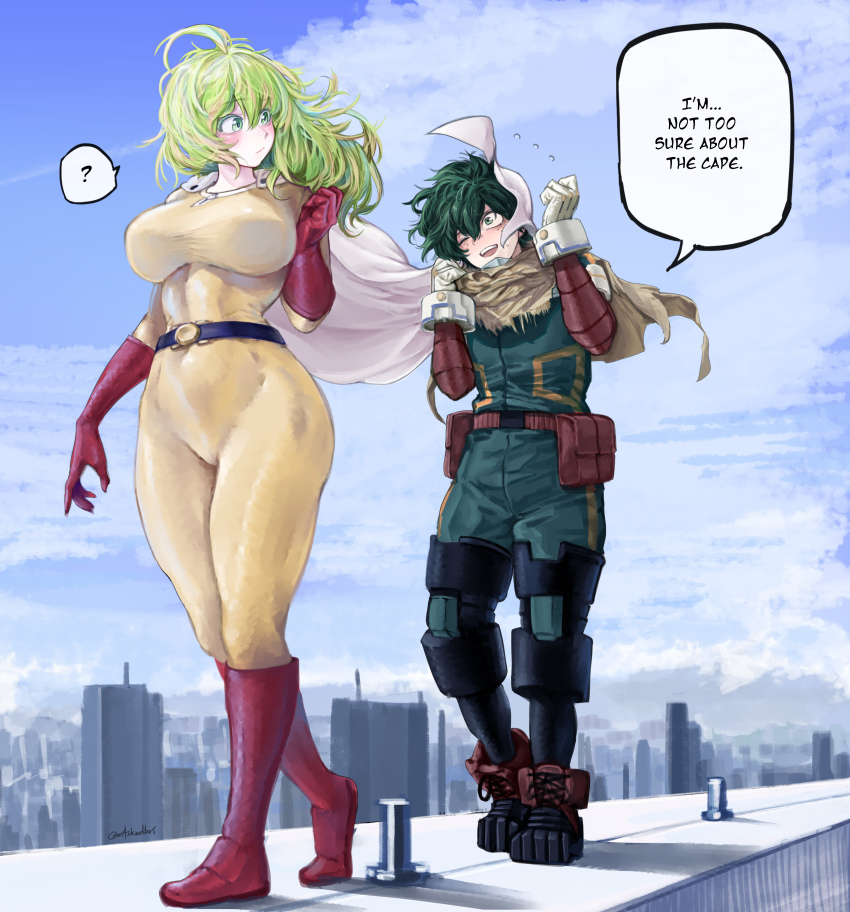 1boy, 1girl, absurdres, belt, bilingual_commentary, black_belt, blue_sky, bodysuit