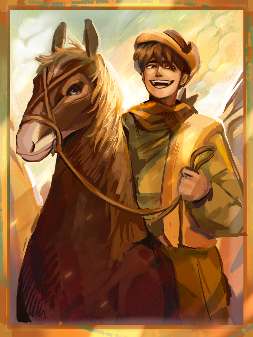 1boy, :d, adxrn, animal, animification, border, brown_hair, brown_hat