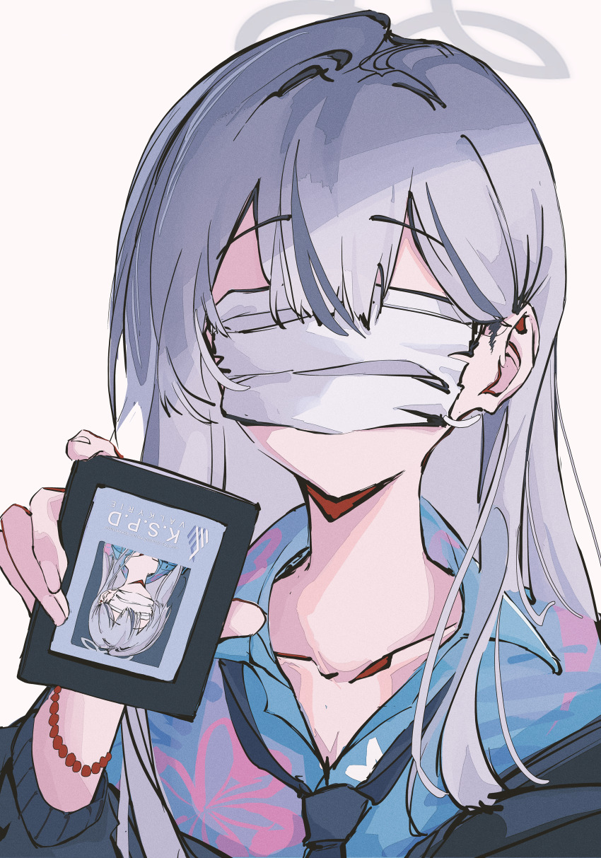 1girl, absurdres, blue_archive, commentary_request, eironeus, grey_halo, halo, highres, konoka_(blue_archive), mask, mouth_mask, necktie, polo_shirt, valkyrie_police_academy_(blue_archive), white_background