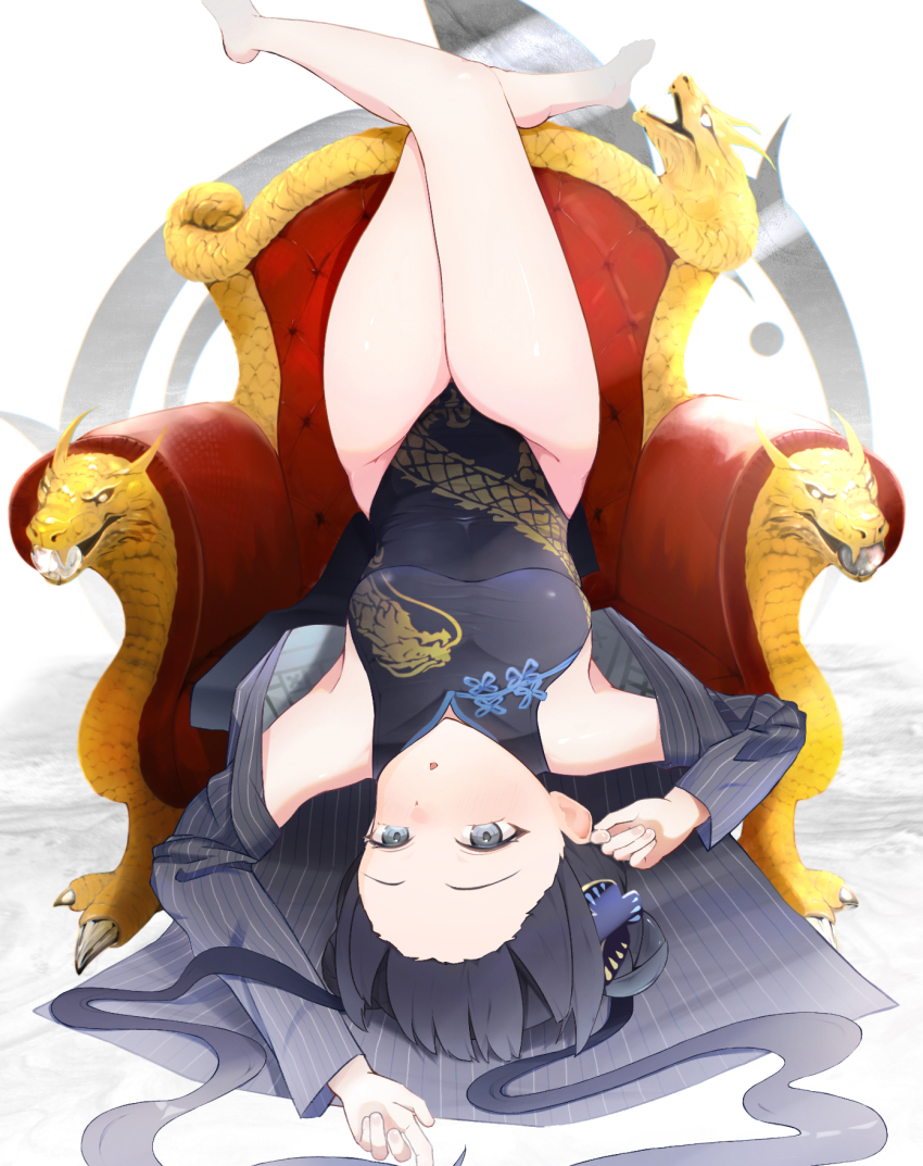 1girl, armchair, art_eichi, barefoot, black_dress, black_hair, black_jacket, blue_archive, breasts, chair, china_dress, chinese_clothes, commentary_request, double_bun, dragon_print, dress, grey_eyes, hair_bun, highres, jacket, kisaki_(blue_archive), looking_at_viewer, medium_breasts, on_chair, pelvic_curtain, side_slit, sleeveless, sleeveless_dress, solo, striped_clothes, striped_jacket, twintails, upside-down