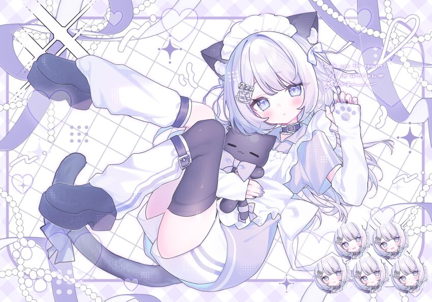 1girl, animal, animal_ear_fluff, animal_ears, belted_leg_warmers, black_choker, black_shoes, black_thighhighs