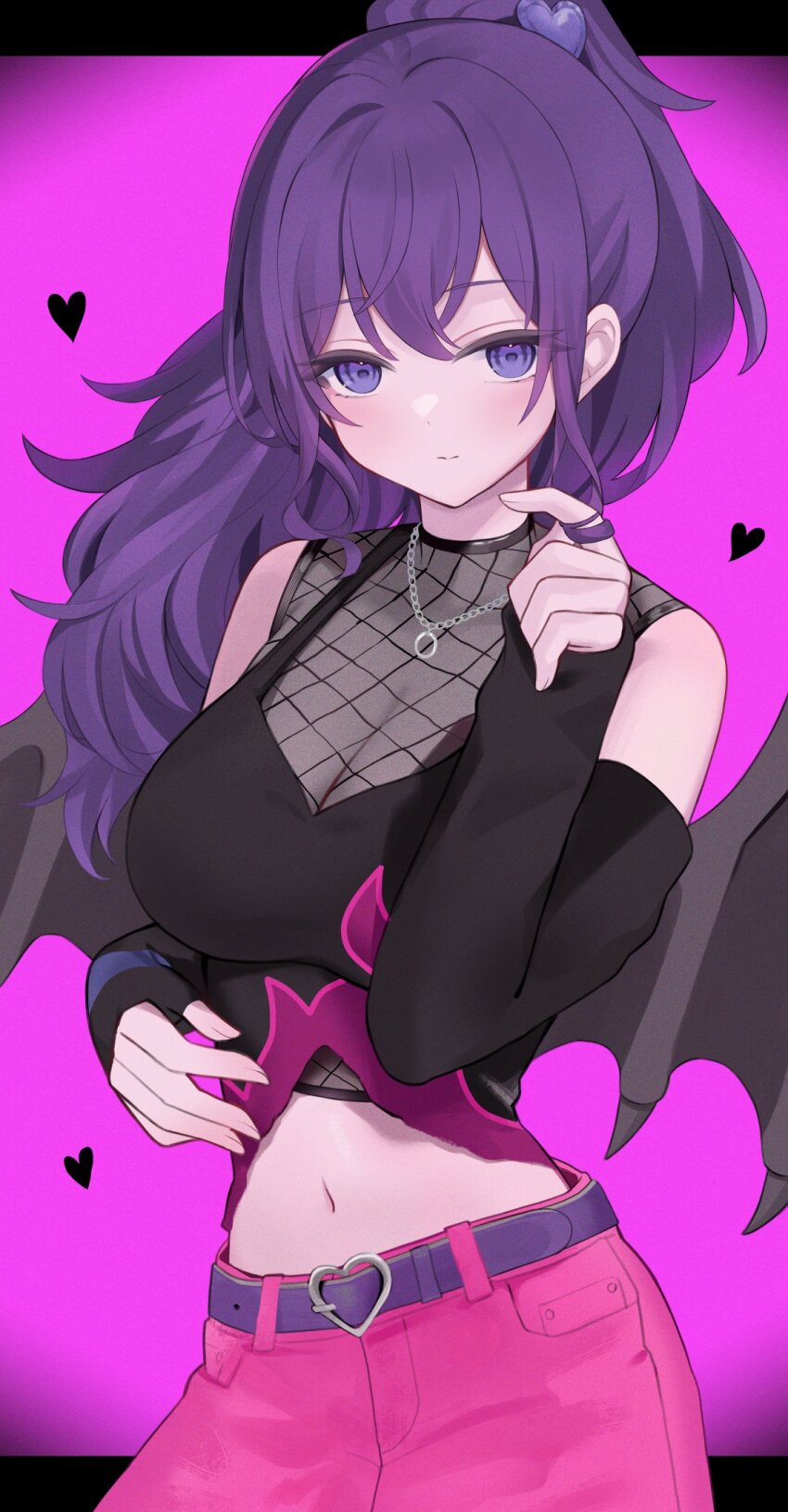 1girl, asahina_mafuyu, bat_wings, belt, black_shirt, black_sleeves, blush, breasts