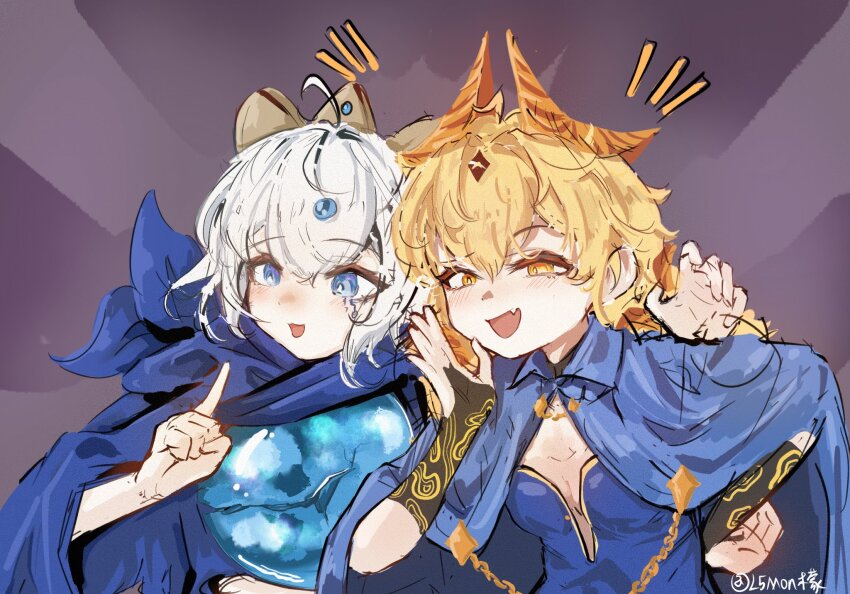 2girls, black_bridal_gauntlets, blonde_hair, blue_eyes, bridal_gauntlets, fang, highres, humanization