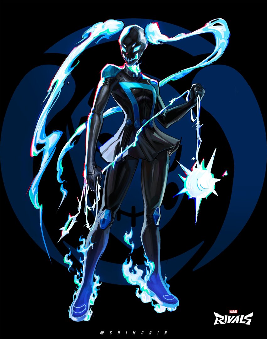 1girl, absurdres, ball_and_chain_(weapon), black_background, black_boots, black_dress, black_gloves, blue_fire