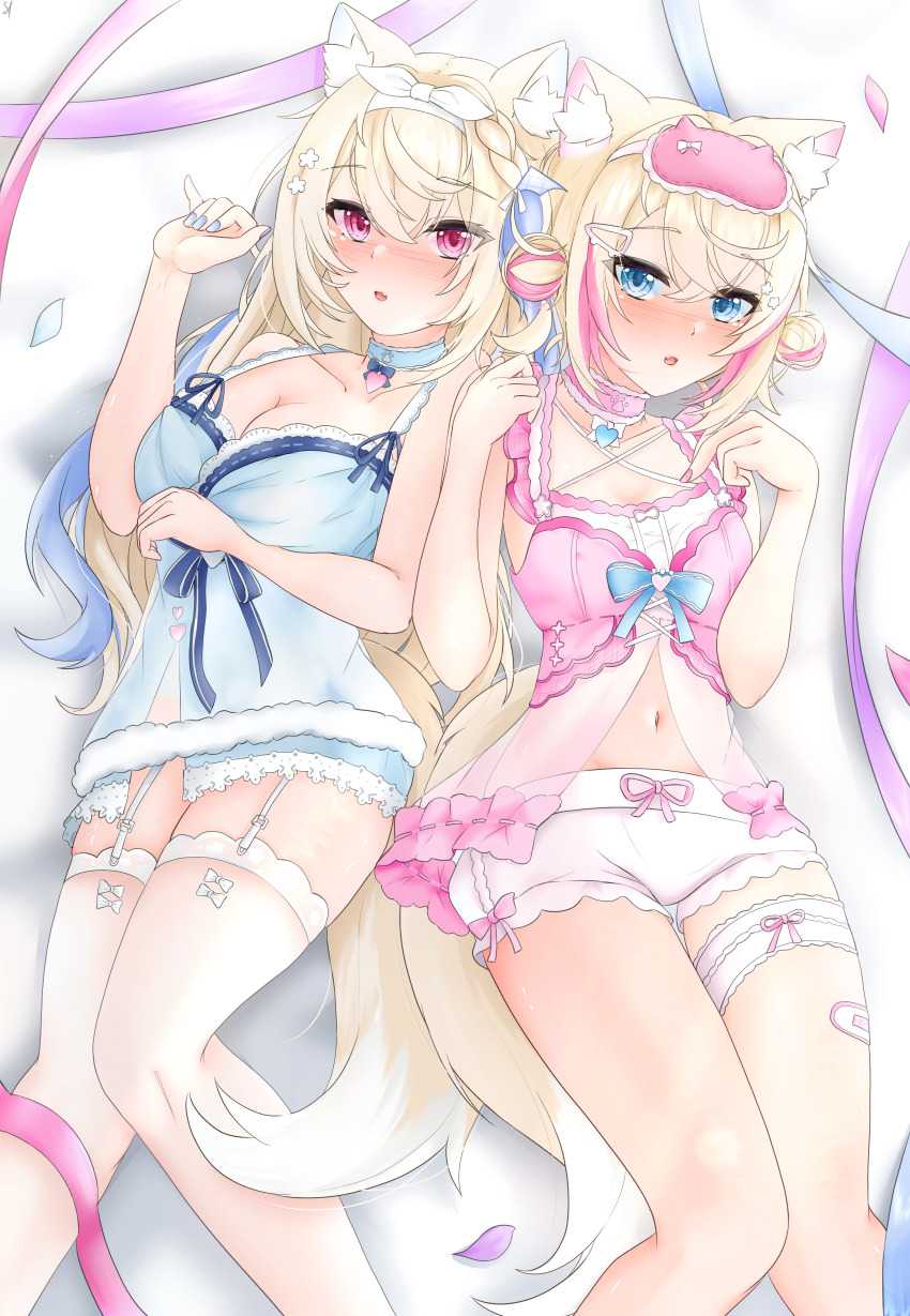 2girls, absurdres, animal_ear_fluff, animal_ears, babydoll, bandaid, bandaid_on_leg, blonde_hair