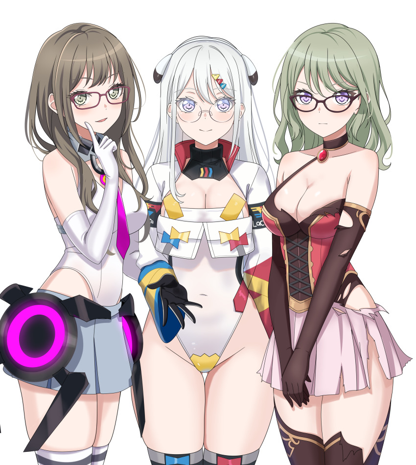 3girls, absurdres, alice_gear_aegis, bang_dream!, bang_dream!_our_notes, blue_eyes, blush, breasts, brown_hair, cleavage, closed_mouth, commentary, cosplay, covered_navel, elbow_gloves, english_commentary, fries_vanquisher, glasses, gloves, green_hair, hair_between_eyes, hair_ornament, highres, index_finger_raised, io_(princess_connect!), io_(princess_connect!)_(cosplay), izawa_natsume, kotohira_nagi, large_breasts, leotard, logo, long_hair, looking_at_viewer, mihono_bourbon_(mb-19890425)_(umamusume), mihono_bourbon_(umamusume), mihono_bourbon_(umamusume)_(cosplay), multiple_girls, open_mouth, princess_connect!, purple_eyes, rakuhana_meru, rakuhana_meru_(cosplay), red-framed_eyewear, shiomi_hotaru, simple_background, skindentation, thighhighs, torn_clothes, umamusume, variant_set, white_background, white_gloves, white_hair, white_leotard