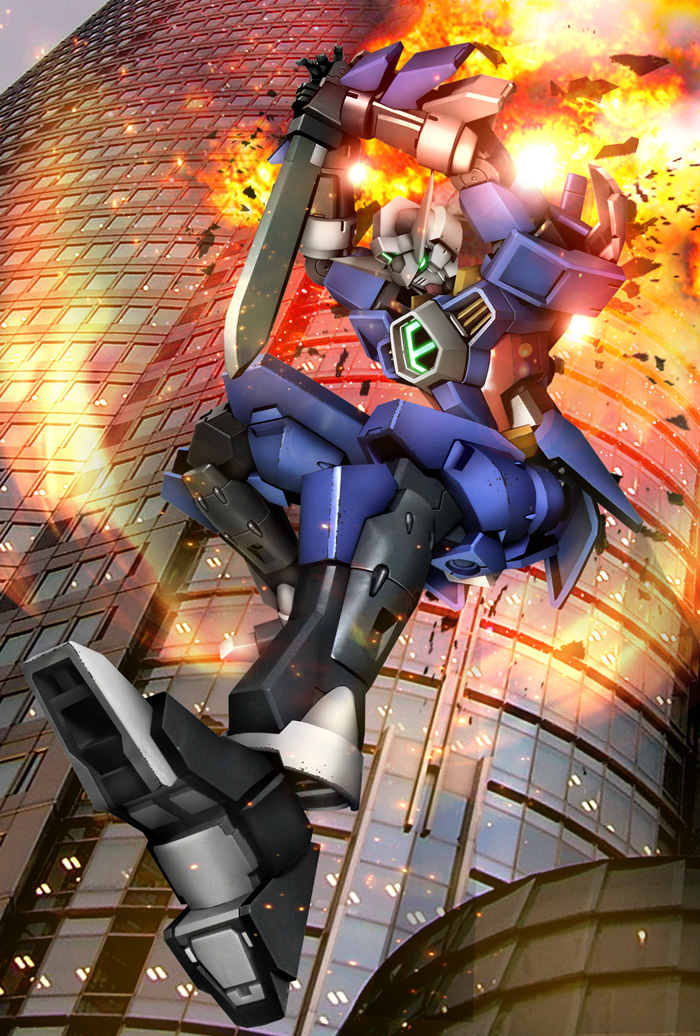 10s, arms_up, blade, building, explosion, feet, glass, gundam
