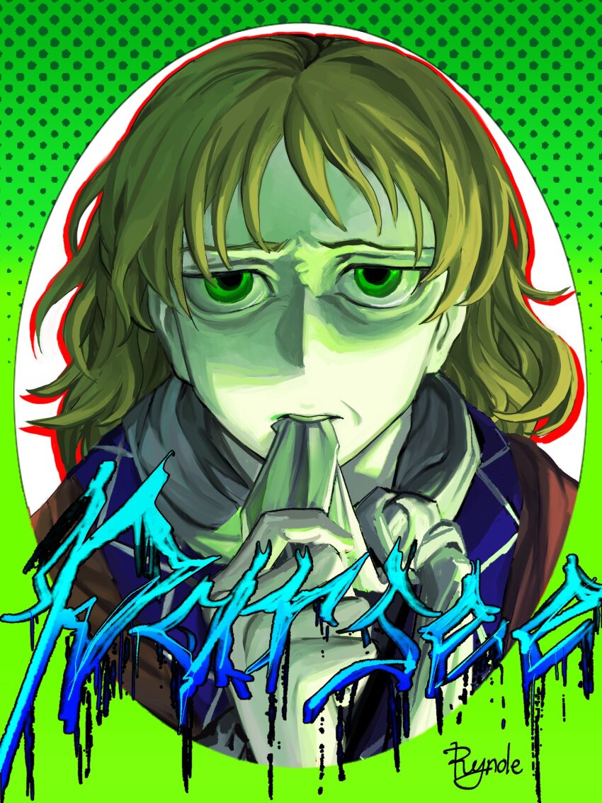 1girl, artist_name, biting, biting_clothes, blue_shirt, character_name, furrowed_brow, green_background
