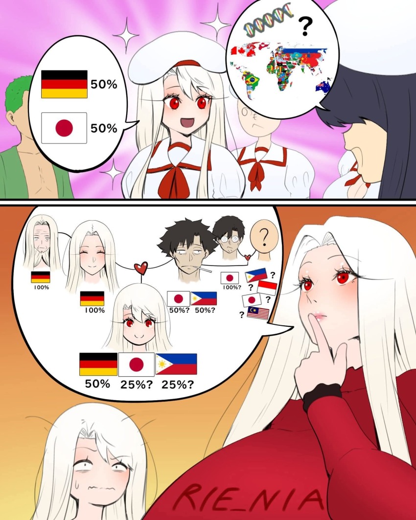 2boys, 6+girls, black_hair, breasts, cleavage, constricted_pupils, fate_(series), finger_to_mouth, flag, german_flag, green_hair, heart, highres, illyasviel_von_einzbern, index_finger_raised, indonesian_flag, irisviel_von_einzbern, japanese_flag, large_breasts, malaysian_flag, miyu_edelfelt, mother_and_child, mother_and_daughter, multiple_boys, multiple_girls, one_piece, open_mouth, parent_and_child, philippines, pink_lips, red_eyes, rienia, roronoa_zoro, school_uniform, short_hair, smile, sweatdrop, sweater, tongue, when_you_see_it, white_hair