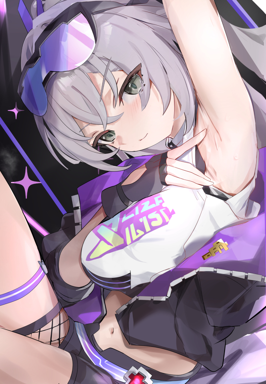 1girl, armpits, black_jacket, black_shirt, breasts, clothes_writing, commentary_request, crop_top