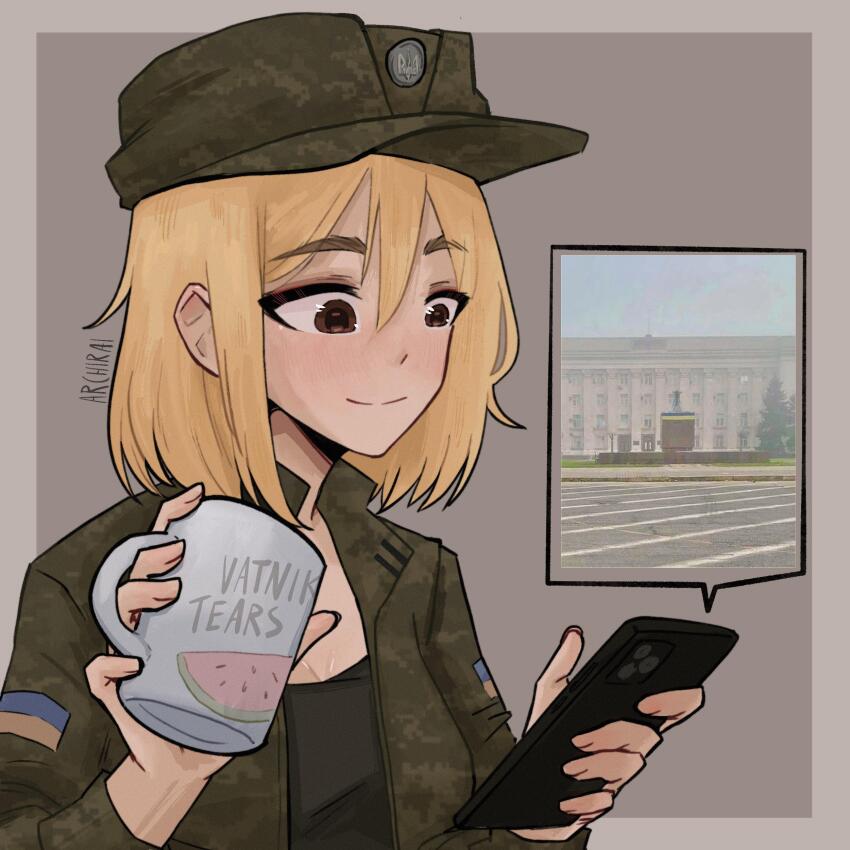 1girl, absurdres, archirai, blonde_hair, breasts, brown_eyes, cellphone, cleavage