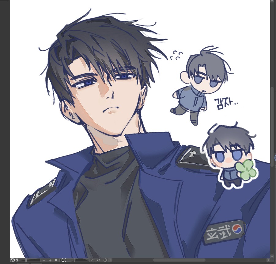1boy, black_hair, black_shirt, blue_eyes, blue_jacket, bulmunn, chibi, chibi_inset, closed_mouth, commentary_request, gwechul, jacket, korean_commentary, looking_to_the_side, male_focus, multiple_views, ryu_jaekwan, shirt, short_hair, sketch, unfinished