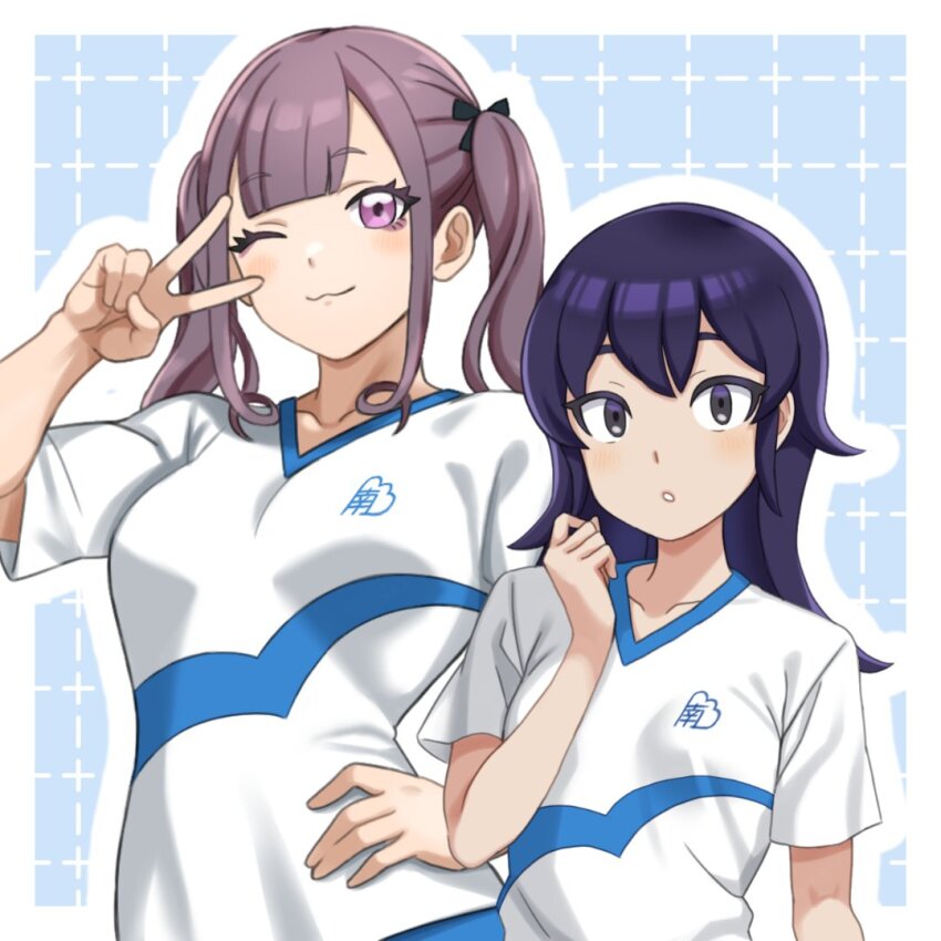 2girls, braid, breasts, inazuma_eleven_(series), inazuma_eleven_victory_road, looking_at_viewer, medium_breasts, momoi_shouko, multiple_girls, purple_eyes, purple_hair, rinna_(rinrina_4119), small_breasts, soccer_uniform, sportswear, twin_braids, twitter, upper_body, v