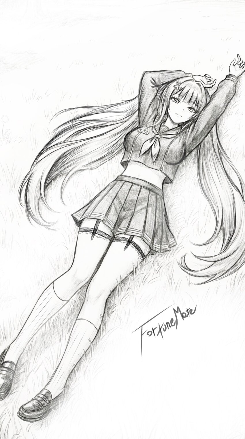 1girl, arcana_(fortune_mate)_(nikke), arcana_(nikke), arms_up, breasts, character_name, choppy_bangs, closed_mouth, commentary_request, crop_top, cropped_shirt, full_body, goddess_of_victory:_nikke, graphite_(medium), greyscale, hair_intakes, hair_spread_out, highres, kneehighs, large_breasts, loafers, long_hair, long_sleeves, looking_at_viewer, lying, midriff, miniskirt, monochrome, name_tag, neckerchief, nikke_nikke2nd, on_back, pleated_skirt, sailor_collar, school_uniform, serafuku, shoes, skirt, socks, solo, straight_hair, thigh_strap, traditional_media, very_long_hair