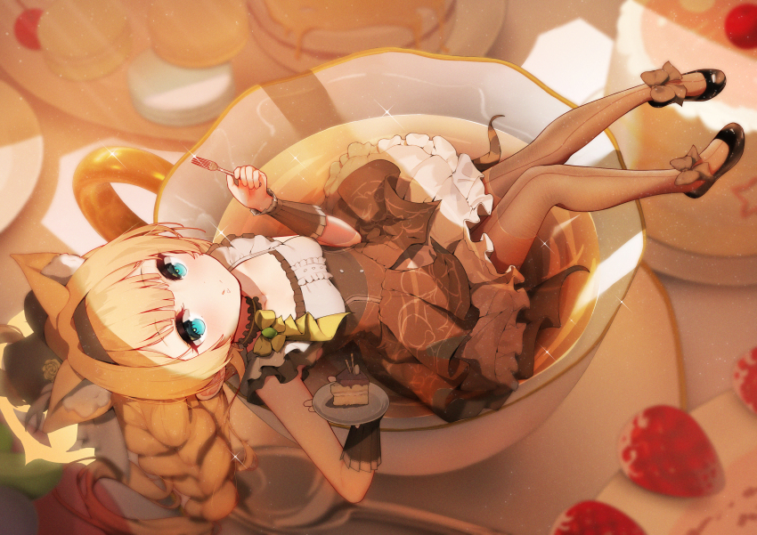 1girl, :q, absurdres, alternate_hairstyle, animal_ear_fluff, animal_ears, ankle_bow, ankle_ribbon, aqua_eyes, black_collar, black_hairband, black_hat, black_shoes, blue_archive, blurry, blurry_background, bow, bowtie, braid, braided_ponytail, bright_pupils, brown_bow, brown_overskirt, brown_pantyhose, cake, cake_slice, cat_ears, cat_girl, center-flap_bangs, chamomile_tea, chinese_commentary, closed_mouth, collar, commentary_request, cream, cream_on_face, cup, depth_of_field, detached_sleeves, double-parted_bangs, dress, flats, flower, food, food_on_face, fork, frilled_collar, frilled_dress, frilled_sleeves, frills, from_above, front-seamed_legwear, fruit, full_body, green_bow, grey_dress, hairband, halo, hands_up, hat, hat_flower, high-waist_skirt, highres, holding, holding_fork, holding_plate, in_container, in_cup, knees_together_feet_apart, light_blush, long_hair, looking_at_viewer, lying, macaron, mari_(blue_archive), mari_(idol)_(blue_archive), mini_hat, mini_person, mini_top_hat, minigirl, no_nose, official_alternate_costume, on_back, orange_flower, orange_hair, orange_rose, pancake, pantyhose, partially_submerged, plate, ribbon, rose, seamed_legwear, shoes, short_dress, short_sleeves, skirt, sleeveless, sleeveless_dress, smile, solo, sparkle, split_mouth, strawberry, strawberry_cake, tea, teacup, tongue, tongue_out, top_hat, underbust, window_shadow, xiamu_xunxi, yellow_halo