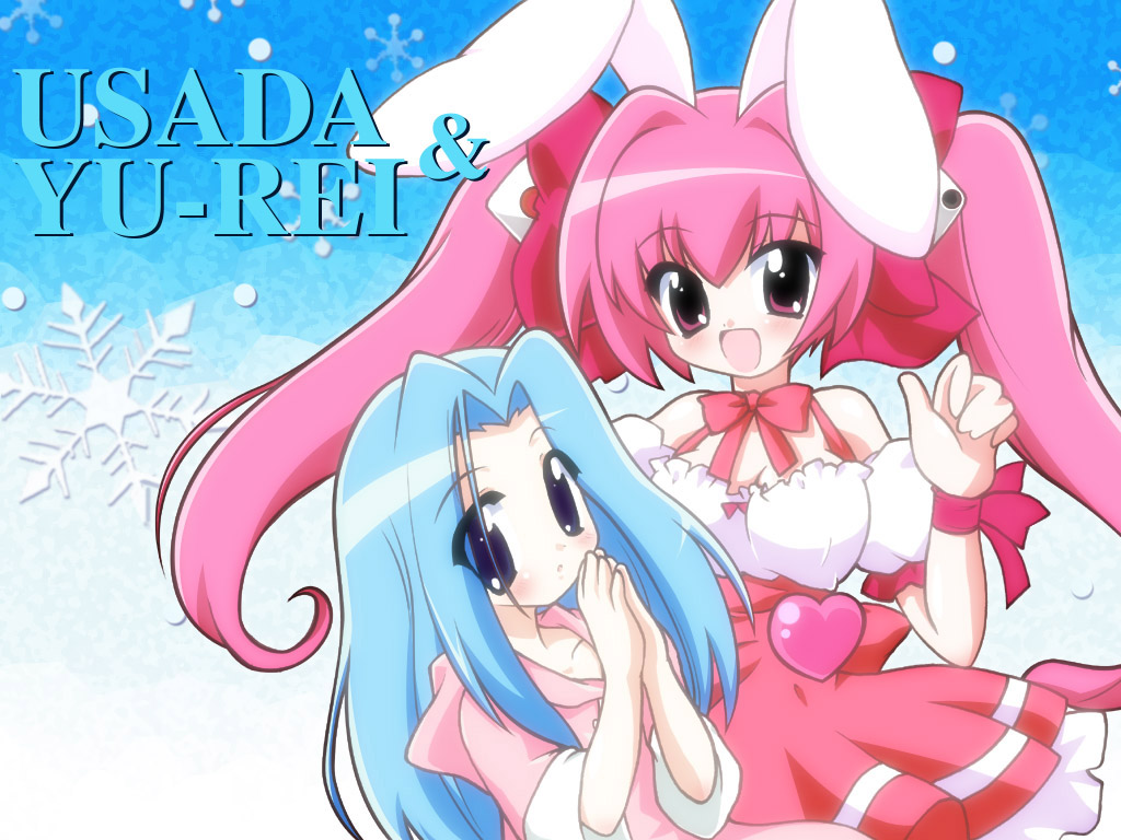 2girls, animal_ears, apron, bad_id, black_eyes, blue_hair, bow, bowtie