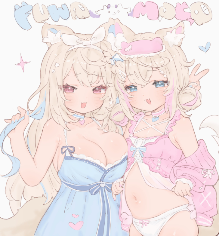 2girls, animal_ear_fluff, animal_ears, babydoll, blonde_hair, blue_babydoll, blue_choker, blue_eyes, bow, bow_panties, breast_press, breasts, cardigan, cardigan_partially_removed, character_name, choker, cleavage, color_coordination, cowboy_shot, dog_girl, flat_chest, fokkahim7, fuwawa_abyssgard, fuwawa_abyssgard_(pajamas), heart_pendant, hololive, hololive_english, large_breasts, lingerie, long_hair, looking_at_viewer, medium_hair, mococo_abyssgard, mococo_abyssgard_(pajamas), multicolored_hair, multiple_girls, navel, panties, pink_babydoll, pink_cardigan, pink_choker, pink_eyes, siblings, simple_background, sisters, standing, stomach, streaked_hair, tail, underwear, virtual_youtuber, white_background, white_panties