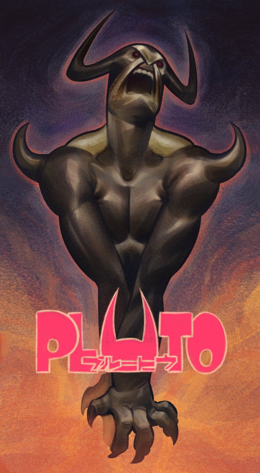 1boy, absurdres, armor, biomechanical, black_armor, character_name, claws, commentary, copyright_name, cungnimuran, demon_horns, highres, horns, male_focus, mecha, open_mouth, outline, pluto_(manga), pluto_(pluto_(manga)), red_eyes, red_outline, robot, shoulder_spikes, solo, spikes, teeth