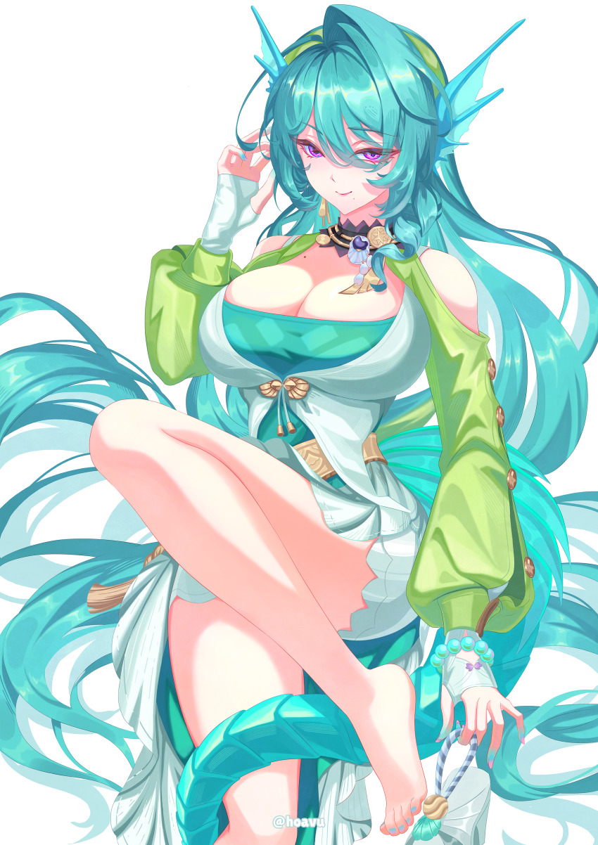 1girl, absurdres, aqua_hair, aqua_tail, bare_shoulders, barefoot, blue_nails, bracelet