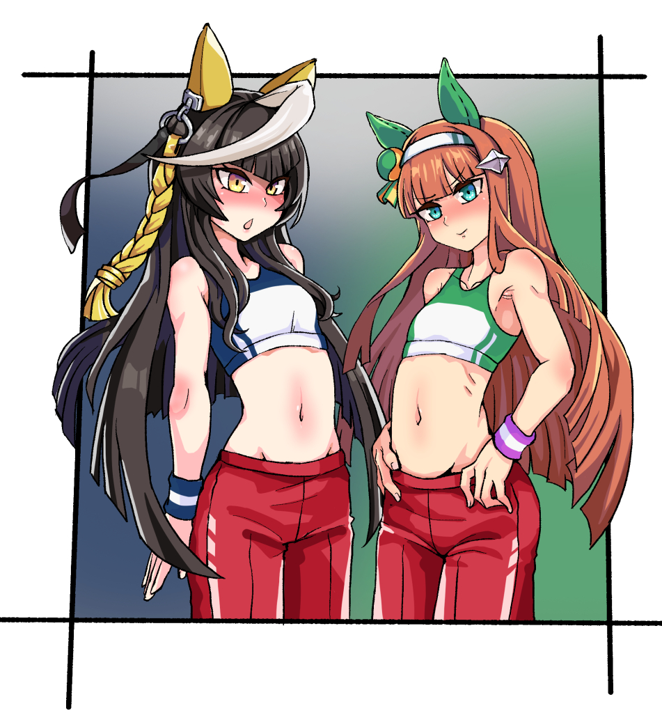 2girls, animal_ears, armpits, arms_at_sides, black_hair, blue_eyes, border, breasts