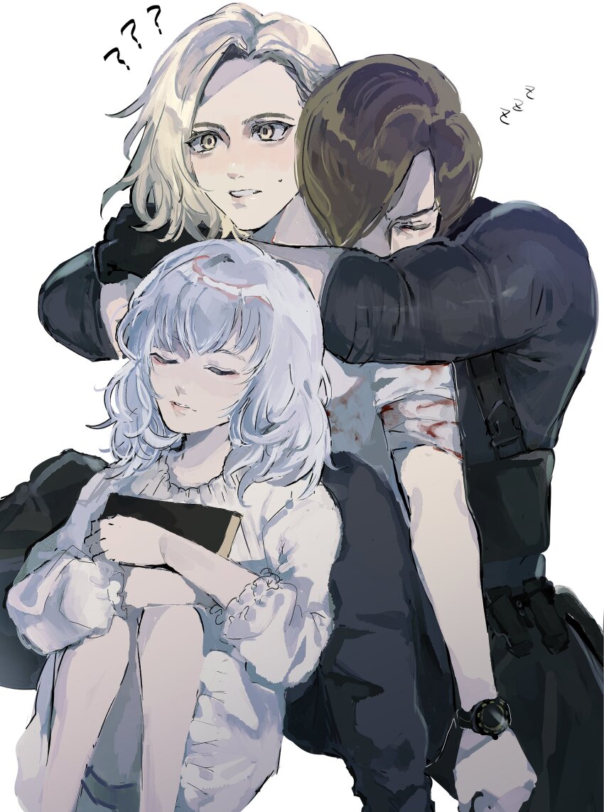 1boy, 2girls, absurdres, black_gloves, blonde_hair, blush, book, brown_hair