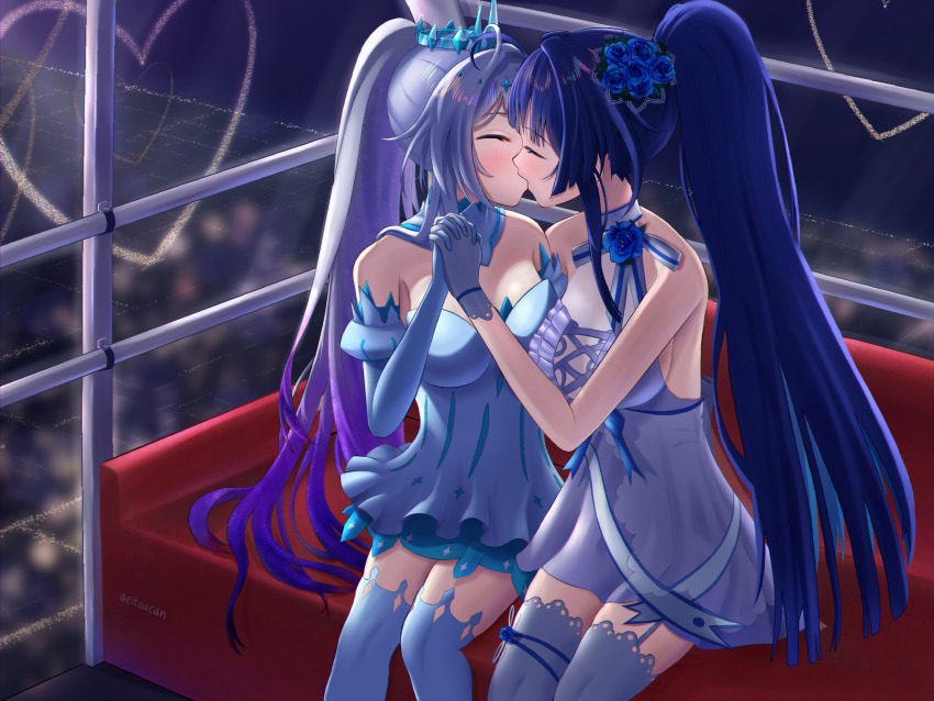 absurdres, artist_name, eitoucan, fireworks, flower, hair_flower, hair_ornament, highres, holding_hands, honkai_(series), honkai_impact_3rd, kiana_kaslana, kiss, multicolored_hair, ponytail, purple_hair, raiden_mei, sitting, tiara, white_hair, yuri