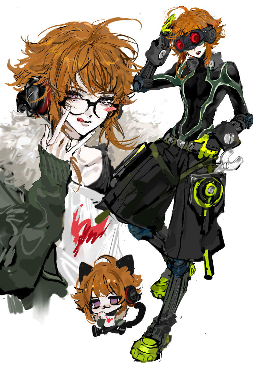 2boys, \m/, absurdres, ahoge, animal_ears, bai_yu_tang, behind-the-head_headphones, belt