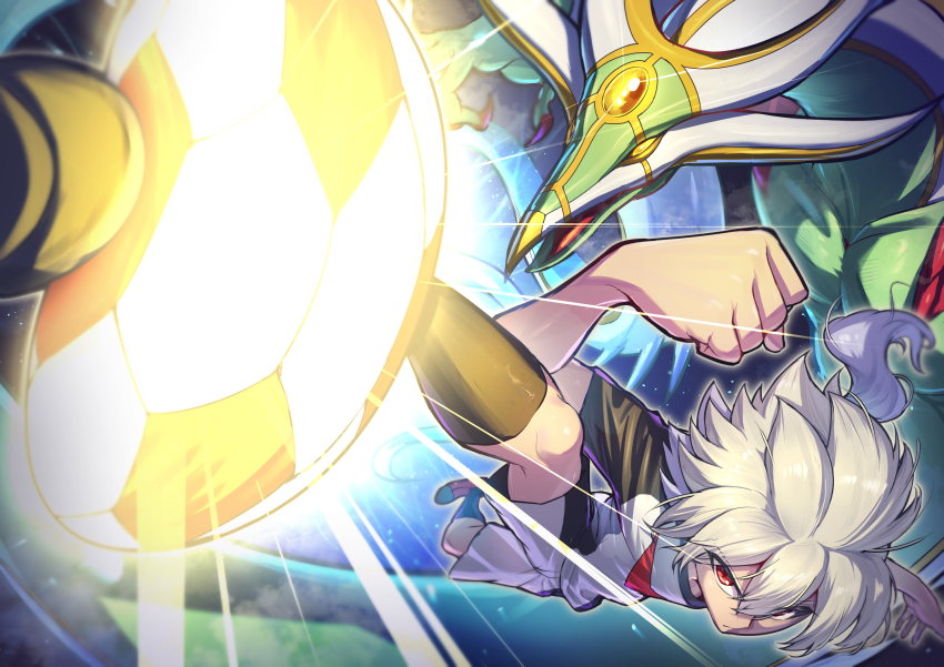 2boys, ball, dragon, full_body, ganbariiiyo, hakuryuu_(inazuma_eleven), inazuma_eleven_(series), inazuma_eleven_go