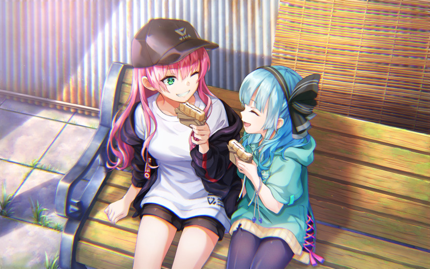 2girls, :d, ;d, ^_^, aikawa_megumi, aikawa_megumi_(casual), akagi_rumi, aqua_hoodie