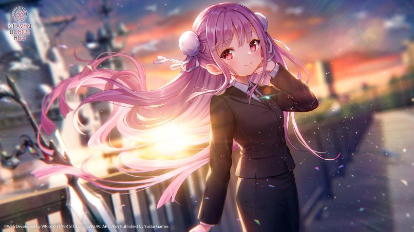 1girl, backlighting, black_necktie, black_skirt, black_suit, blunt_bangs, blunt_ends, blurry