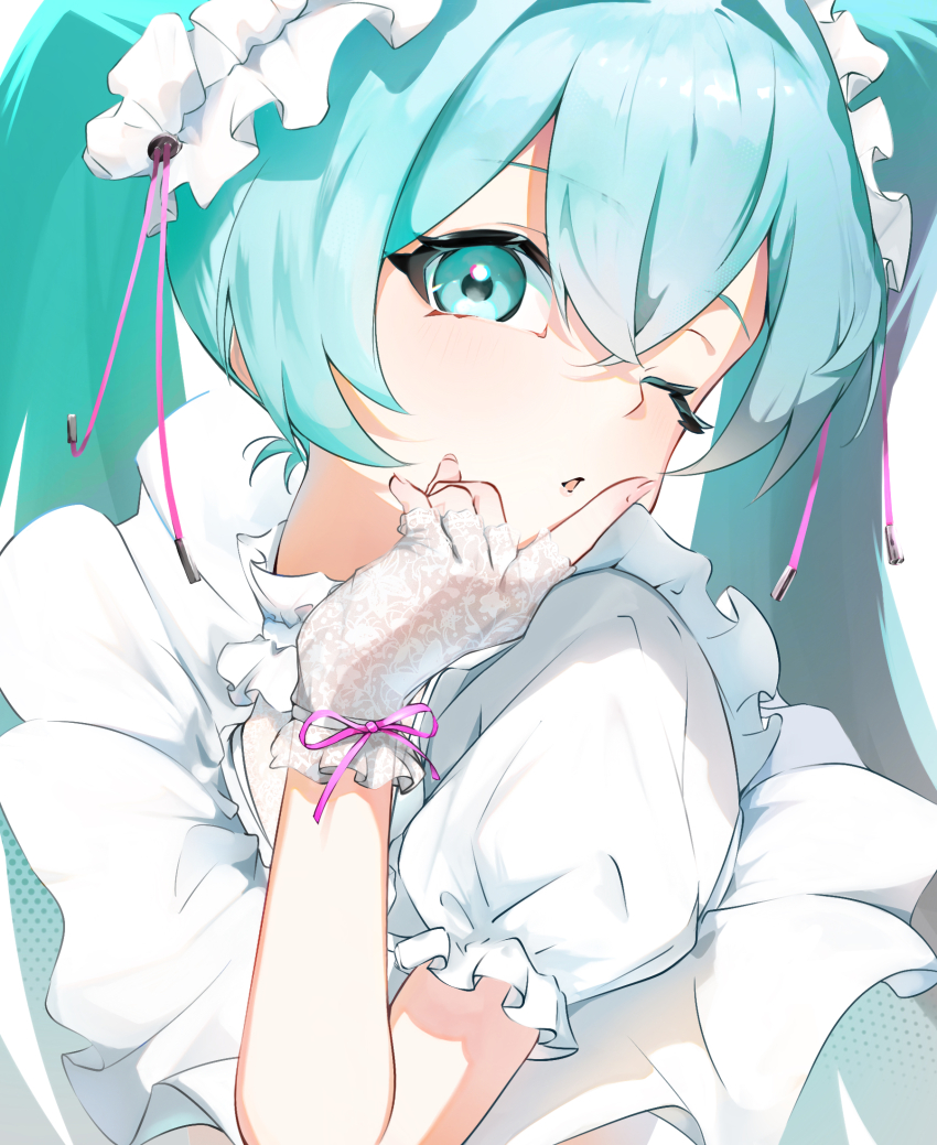 1girl, alternate_costume, aqua_eyes, aqua_hair, art_eichi, commentary_request, dress, fingerless_gloves