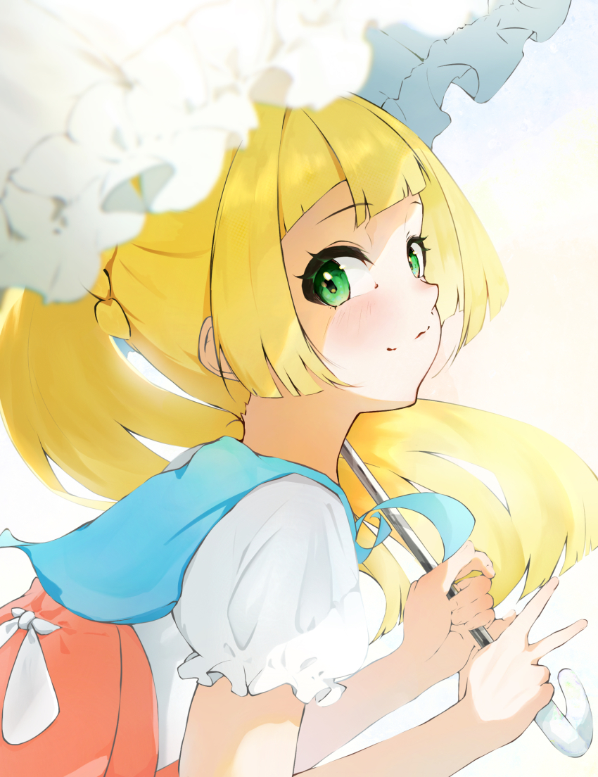 1girl, absurdres, art_eichi, blonde_hair, closed_mouth, commentary_request, from_side, green_eyes