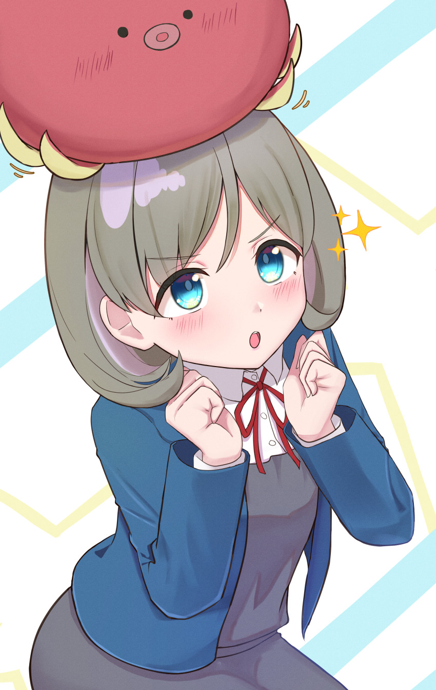 1girl, absurdres, blue_eyes, blue_jacket, blush, brown_hair, commentary_request, dress