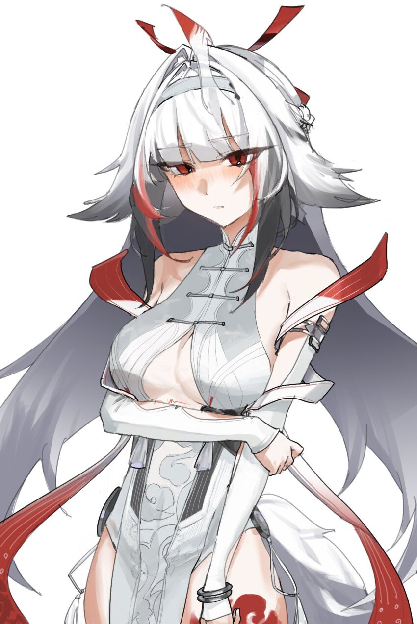 1girl, animal_ears, bare_shoulders, blush, breasts, china_dress, chinese_clothes, commentary_request