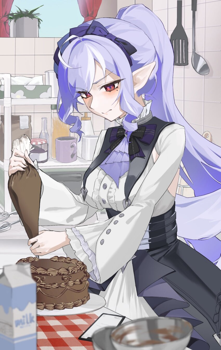 1girl, ascot, blush, bow, bowtie, breasts, cake, cup